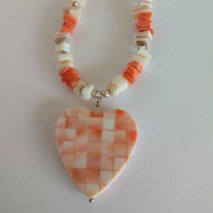 Handmade Valentines Heart Necklace with Peach Coral White Shell Beads 19 Inch